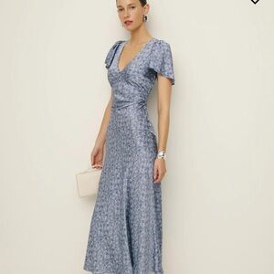 Reformation Dusty Blue Floral Wrap Maxi Dress